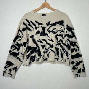 Zara Tie Dye Cream Black Size Small Pullover Crew Neck